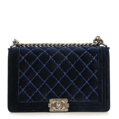 Chanel Velvet Quilted New Medium Boy Flap Dark Navy Blue 1 of 8