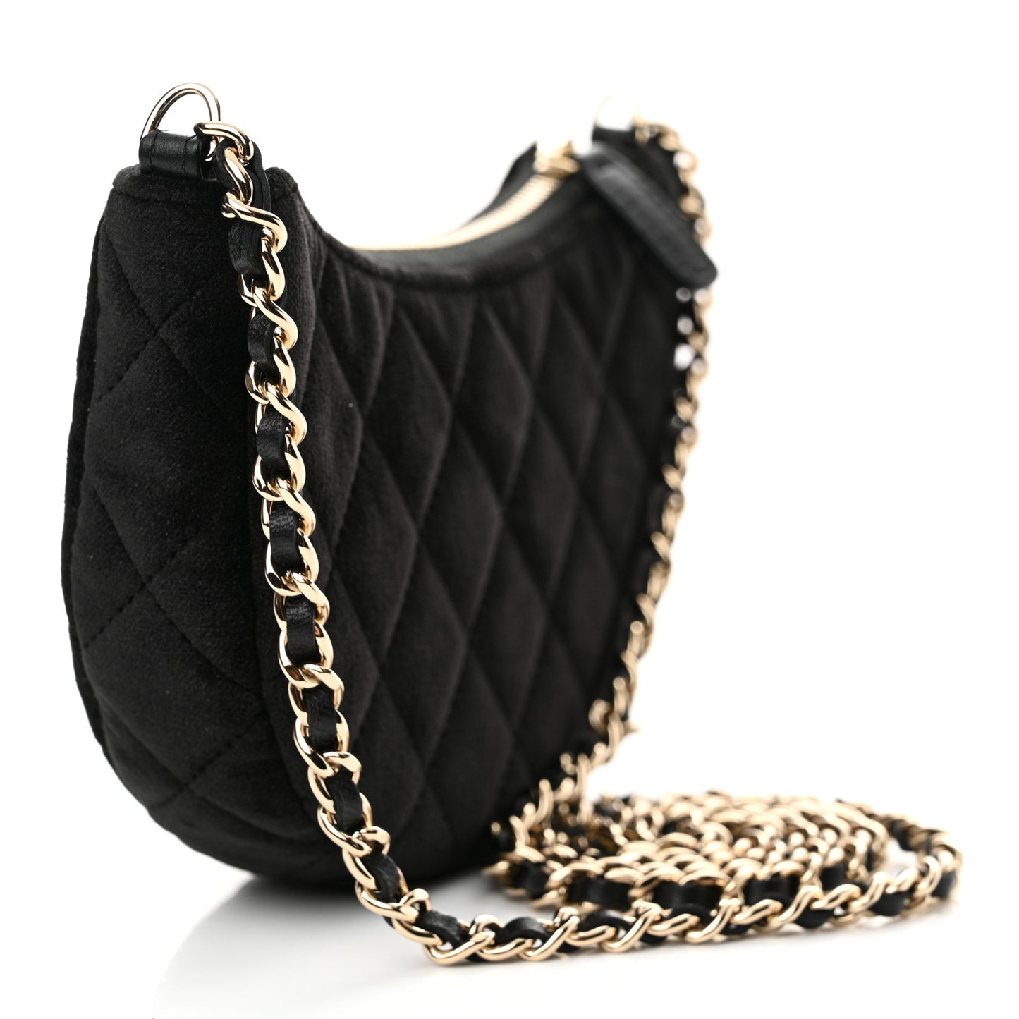 Velvet Crystal Quilted Chain Hobo Black