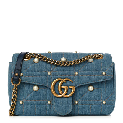 Gucci Denim Matelasse Pearl Studded Small GG Marmont Shoulder Bag Blue 1 of 12