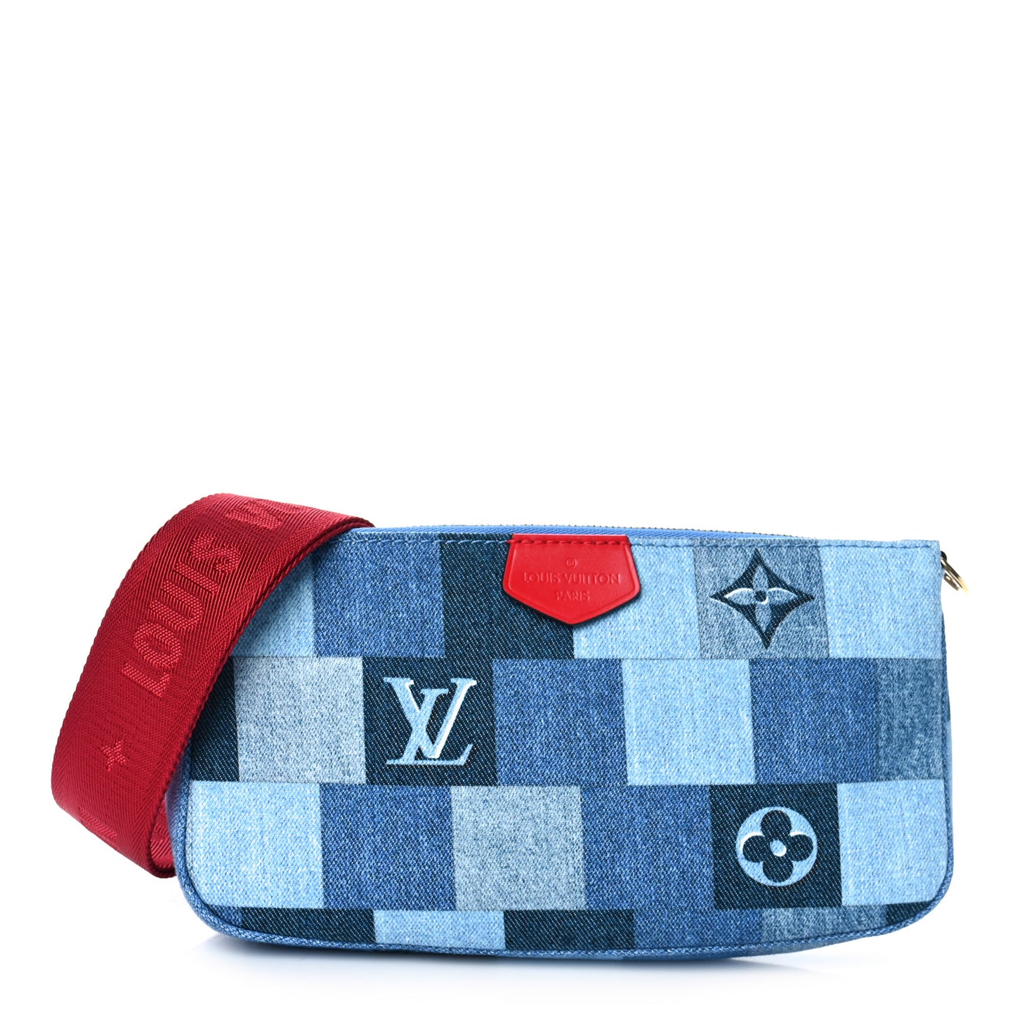 Denim Damier Monogram Patchwork Multi Pochette Accessories Blue Rouge