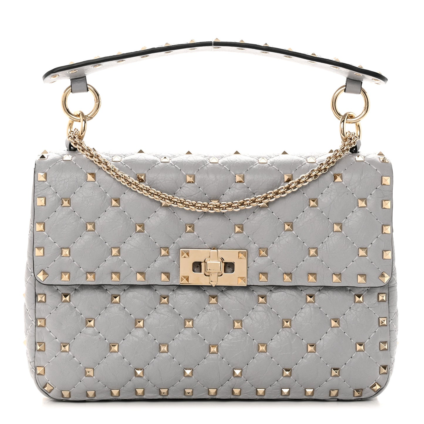 Craquele Nappa Medium Rockstud Spike Shoulder Bag Pastel Grey
