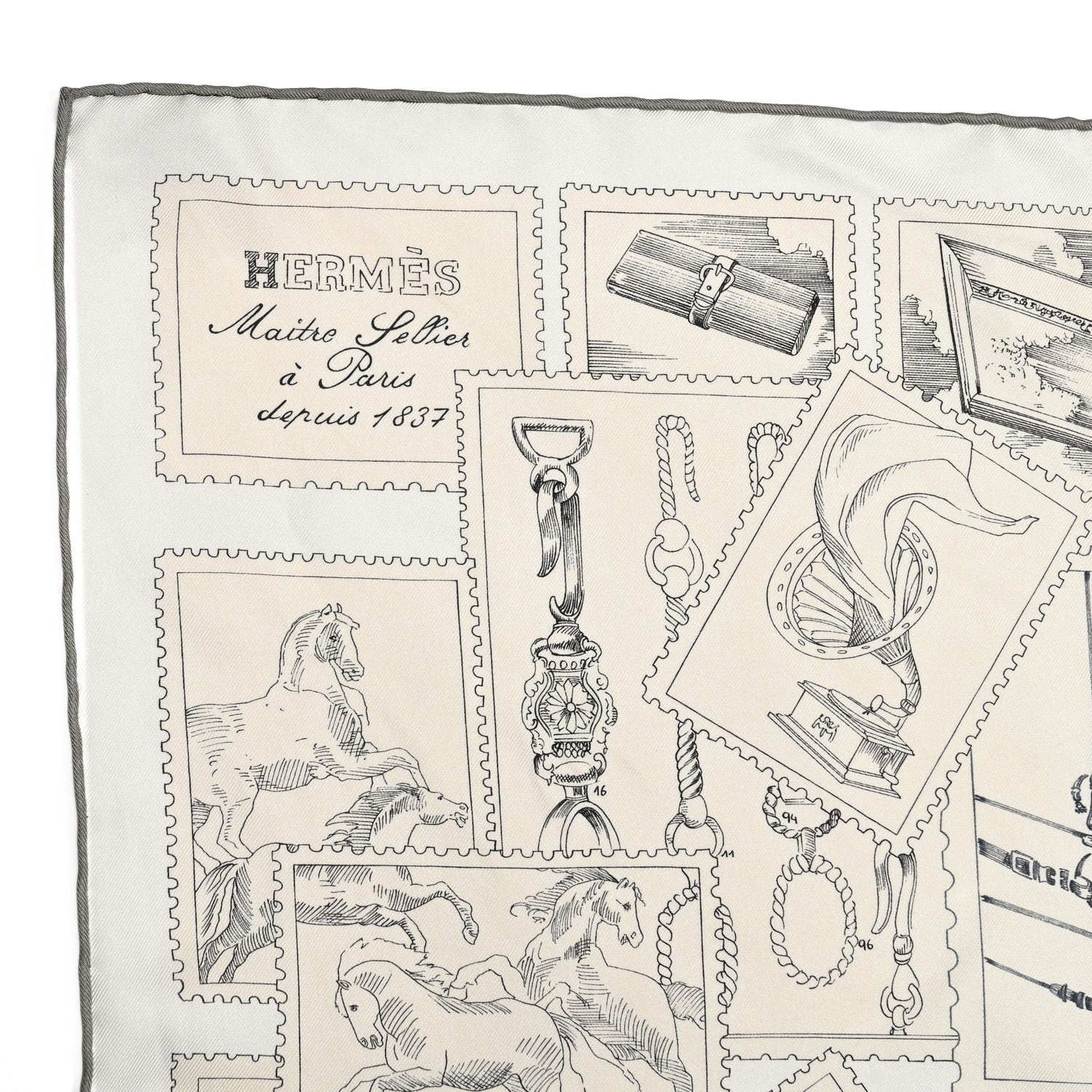 Hermes Silk Le Philateliste Du Faubourg Scarf 90 Gris Parchemin White 2 of 5