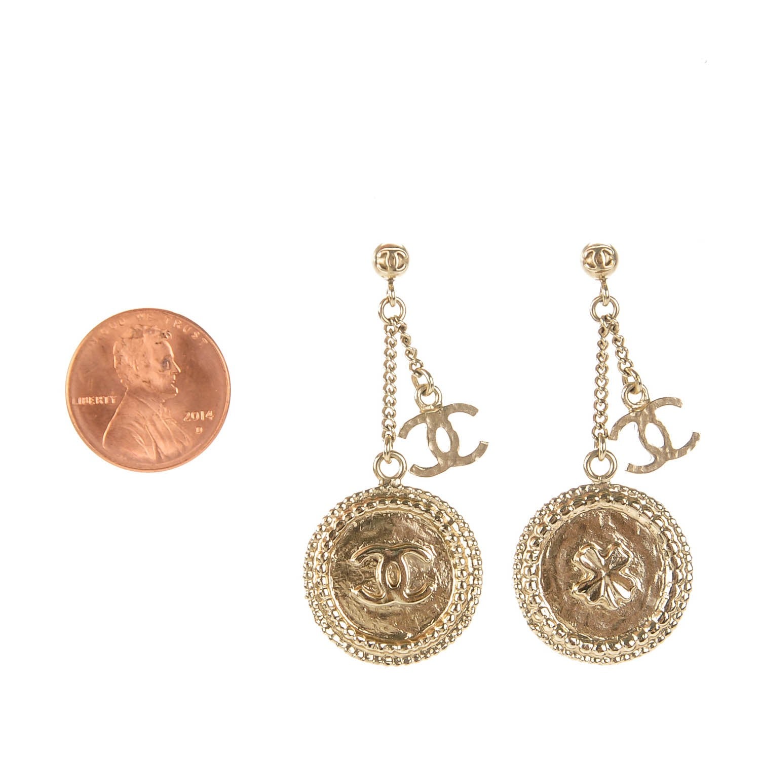 Chanel Medallion Clover CC Drop Earrings LIght Gold 2 of 5