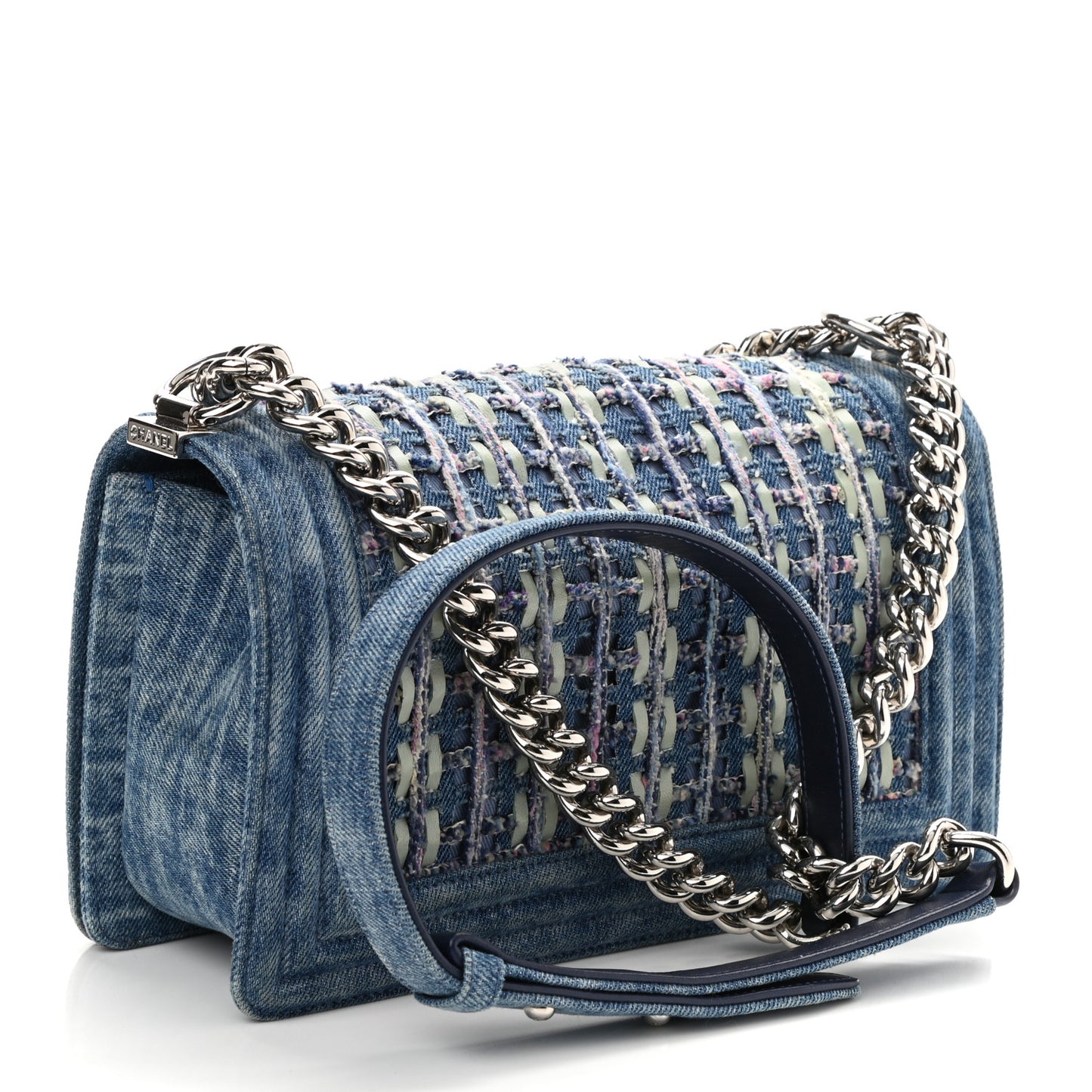 Cotton Tweed Denim Medium Boy Flap Light Green Light Blue