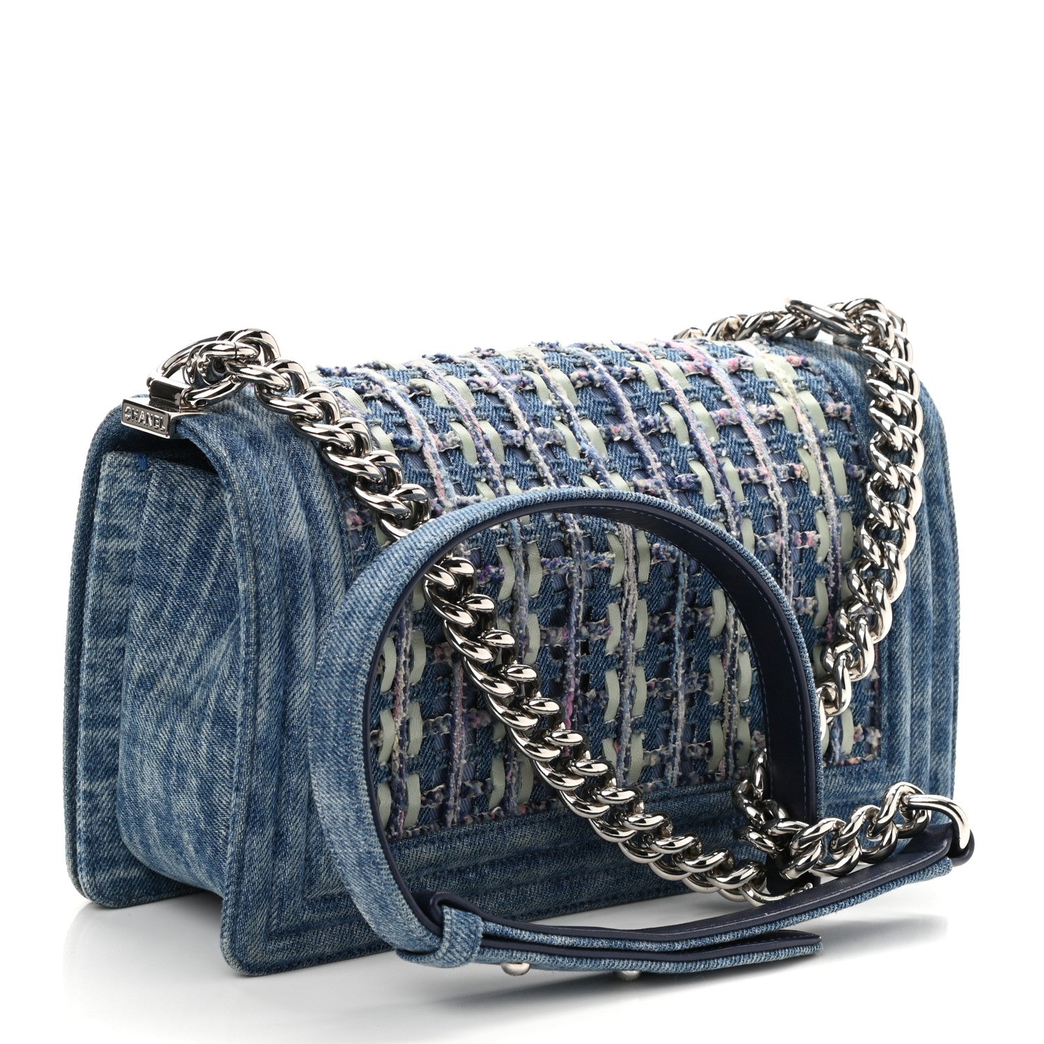 Chanel Cotton Tweed Denim Medium Boy Flap Light Green Light Blue 3 of 10