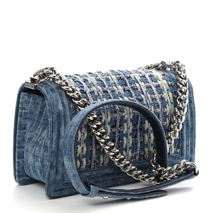 Chanel Cotton Tweed Denim Medium Boy Flap Light Green Light Blue 3 of 10