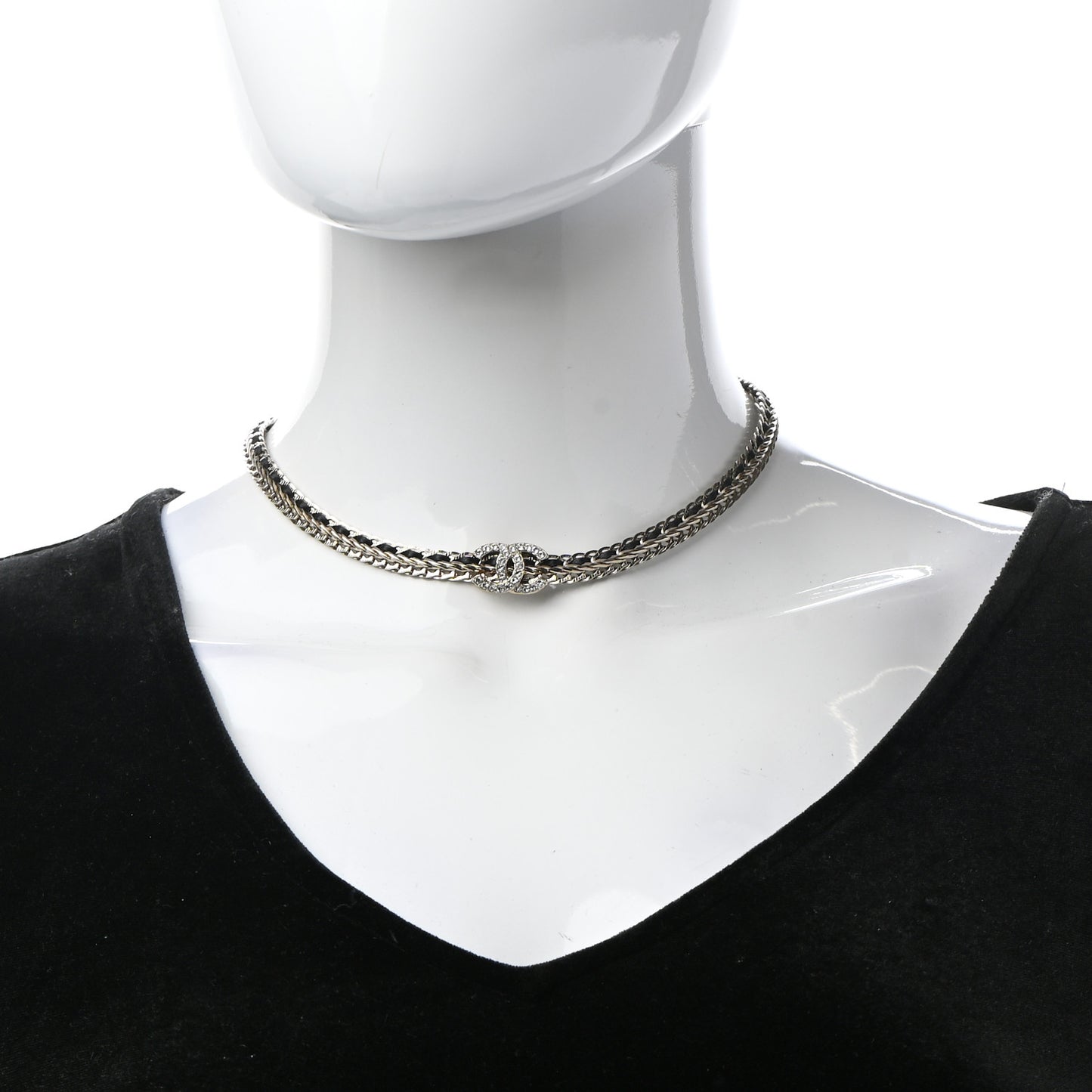 Metal Lambskin Crystal Chain CC Necklace Black Gold