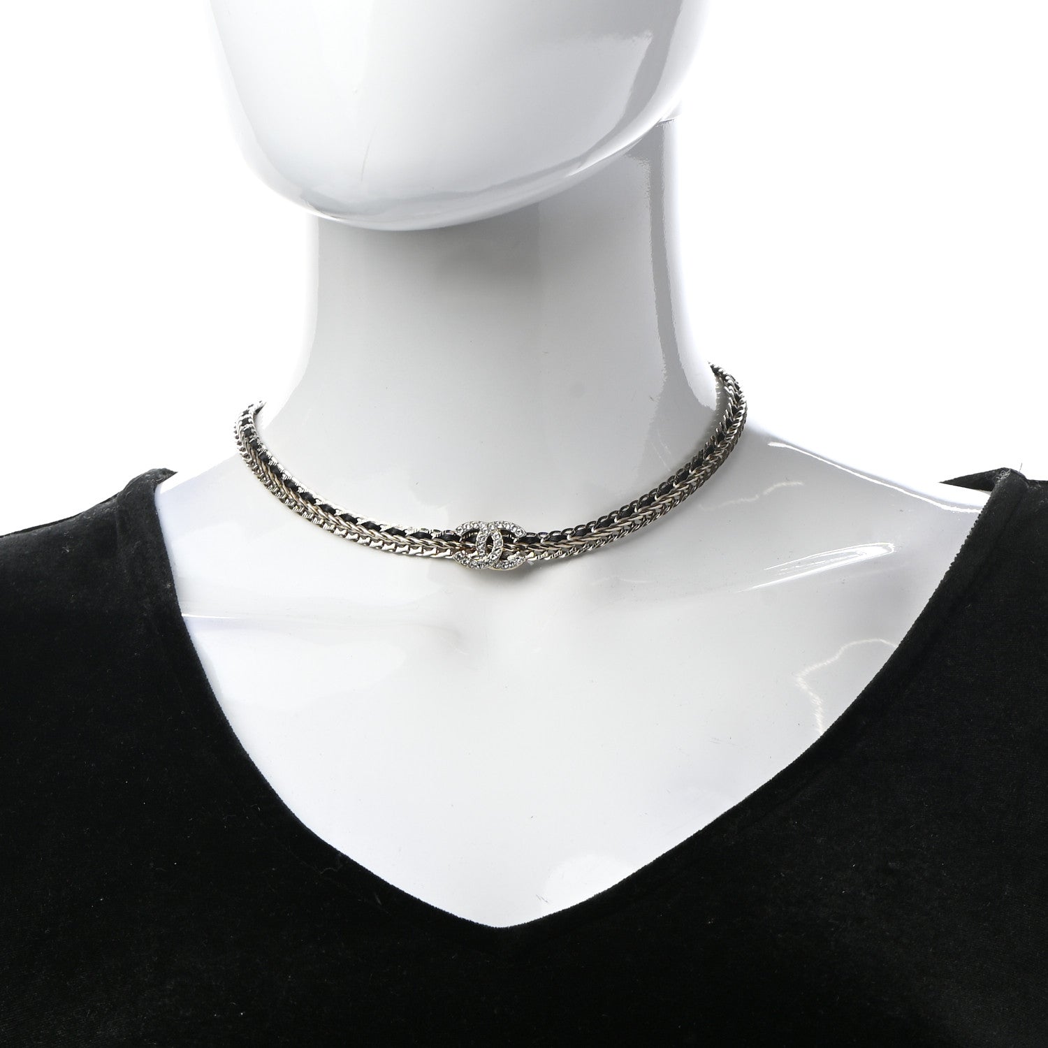 Chanel Metal Lambskin Crystal Chain CC Necklace Black Gold 2 of 7
