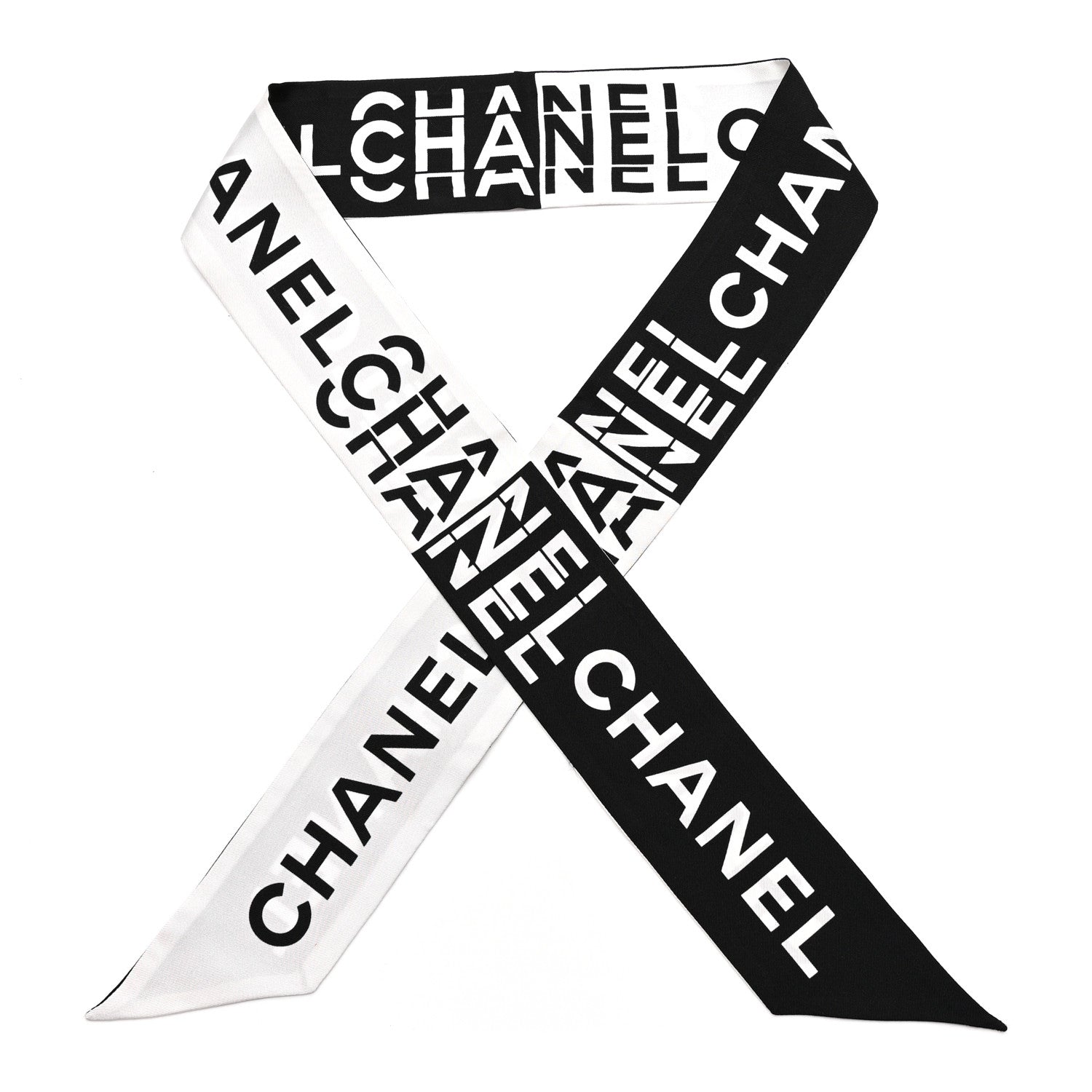 Chanel Silk Logo Slim Bandeau Scarf Black White 1 of 5