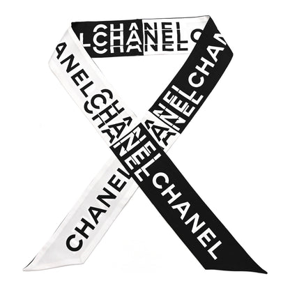 Chanel Silk Logo Slim Bandeau Scarf Black White 1 of 5