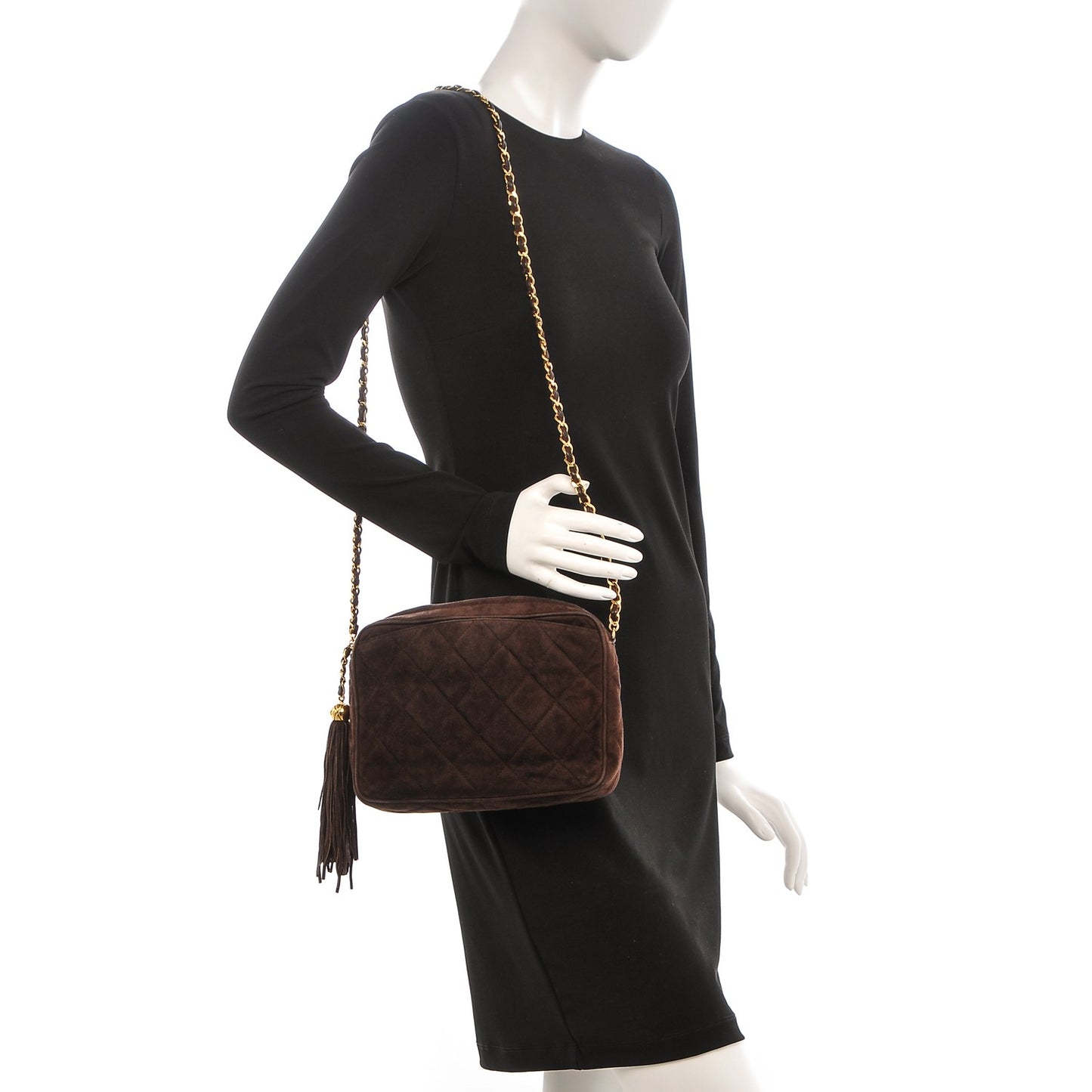 Suede Quilted Tassel Camera Case Brown