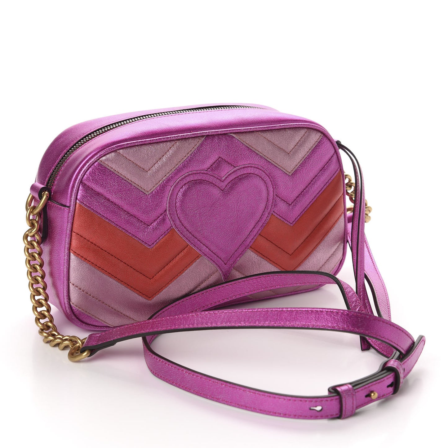 Laminated Nappa Matelasse Small GG Marmont Chain Shoulder Bag Fuxia Rosso Rosa