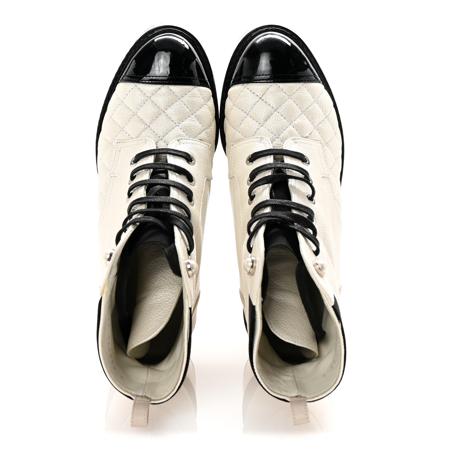 Chanel Pearly Calfskin Patent Calfskin Quilted Lace Up Boots 37 White Light Gray Black 2 of 9