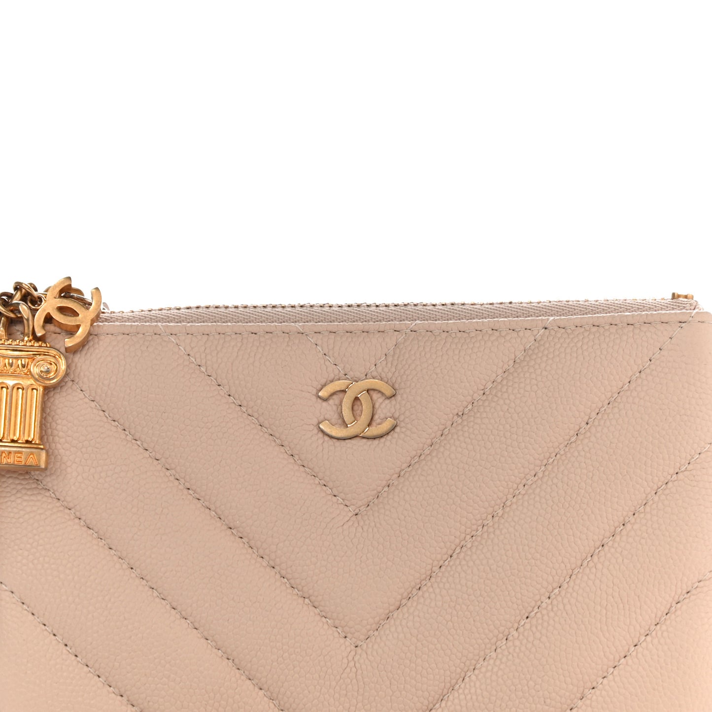 Caviar Chevron Quilted Small Ancient Greek Charms Cosmetic Case Beige