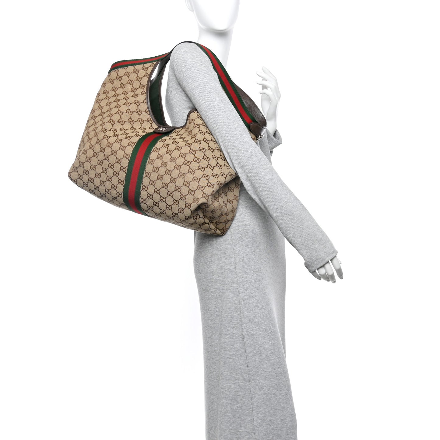 GG Monogram Web Large Giglio Tote Bag Beige Dark Brown