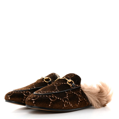 Gucci Velvet GG Monogram Fur Womens Princetown Slippers 37.5 Brown Black Natural 3 of 7