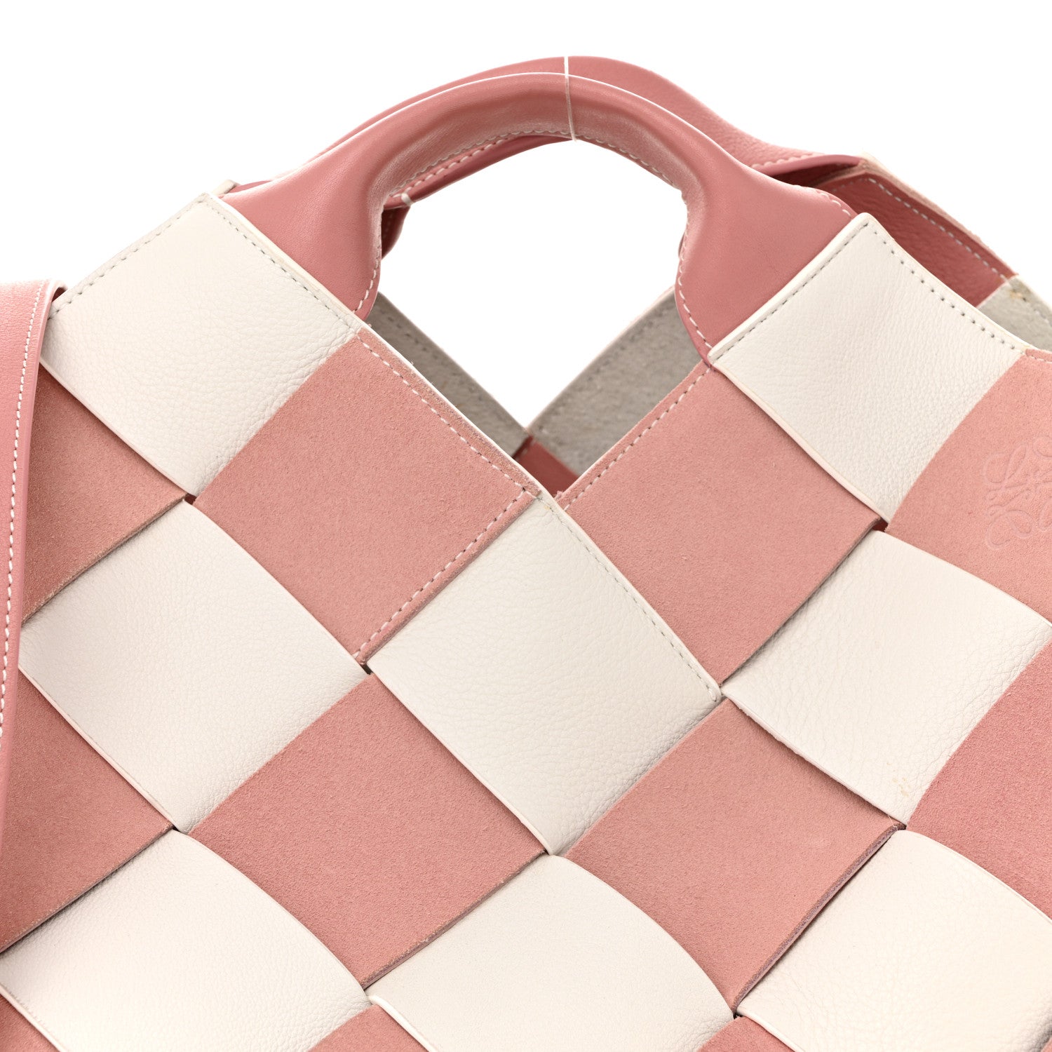 Loewe Calfskin Suede Gingham Woven Basket Bag Soft Pink White 8 of 10