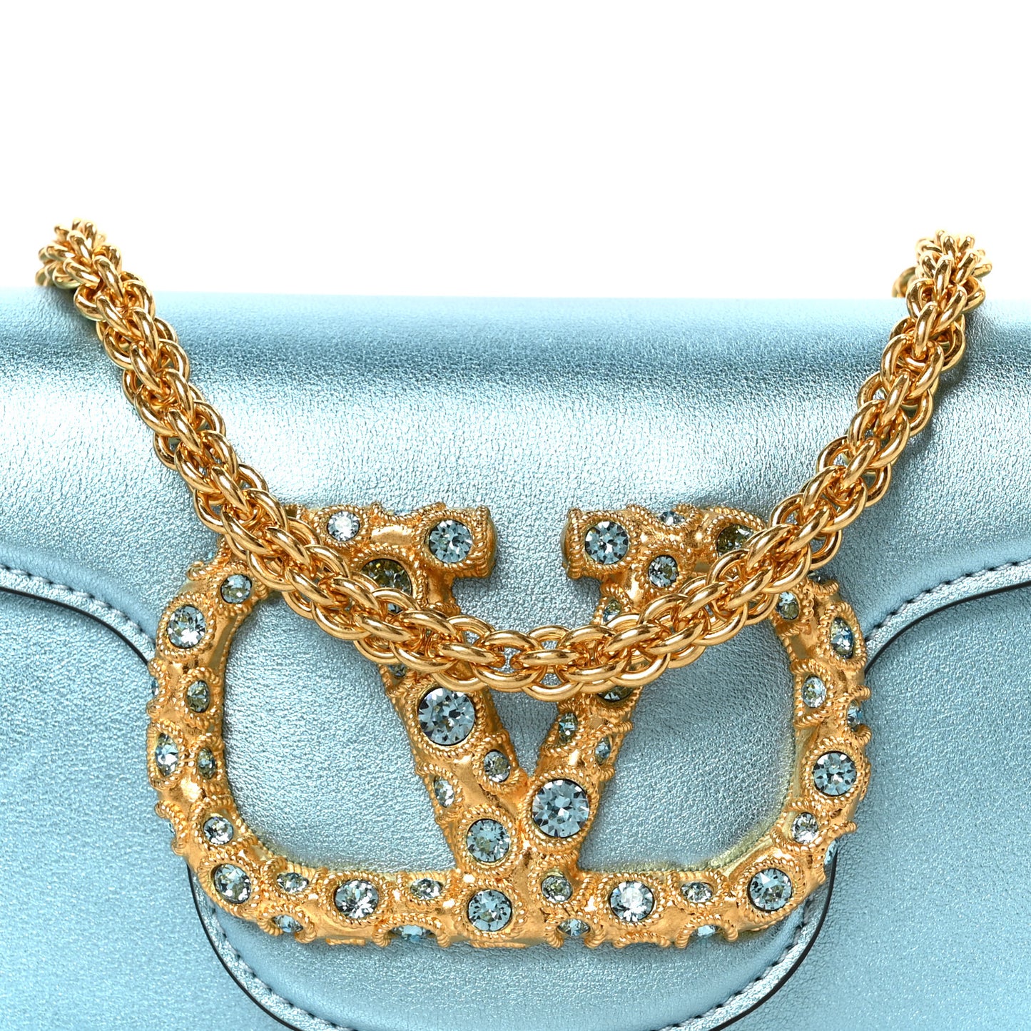 Laminated Calfskin Crystal Vlogo Small Shoulder Bag Blue