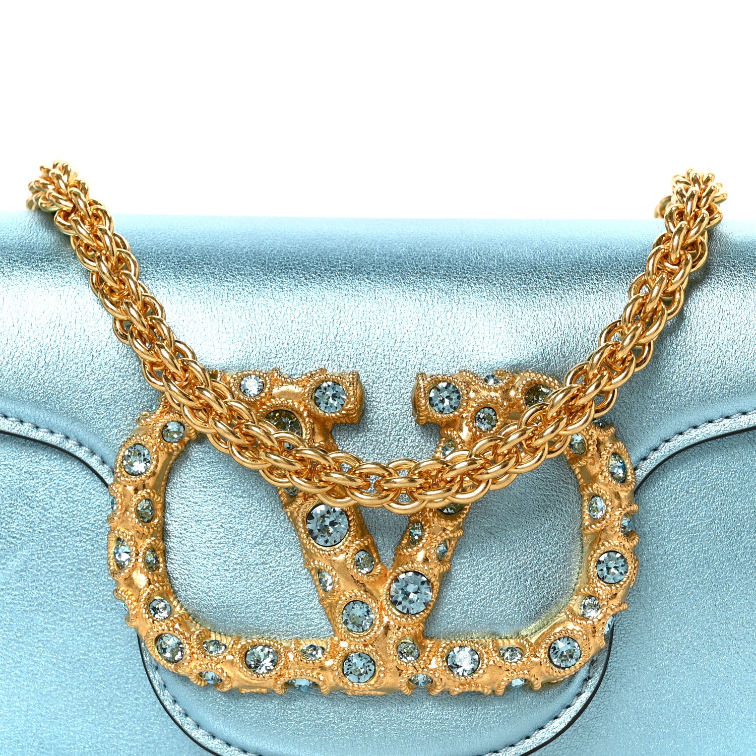 Valentino Garavani Laminated Calfskin Crystal Vlogo Small Shoulder Bag Blue 6 of 8