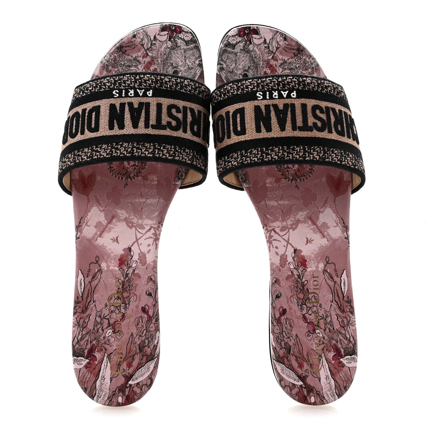 Christian Dior Canvas Rose Mutabilis Embroidered Dway Flat Slide Sandals 39 Fard Black 2 of 9