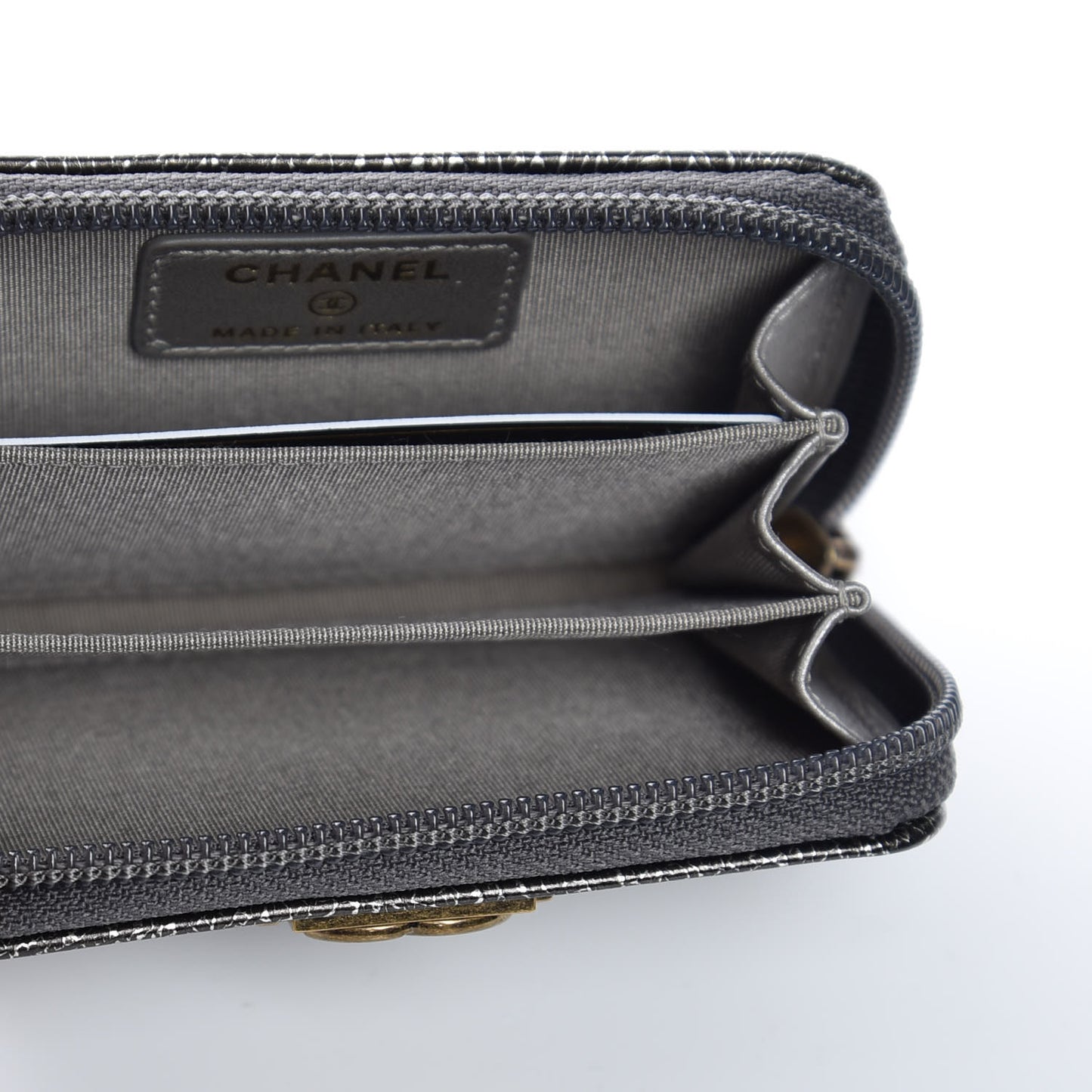 Cracked Metallic Calfskin Quilted Boy Zip Around Coin Purse Wallet Dark Silver