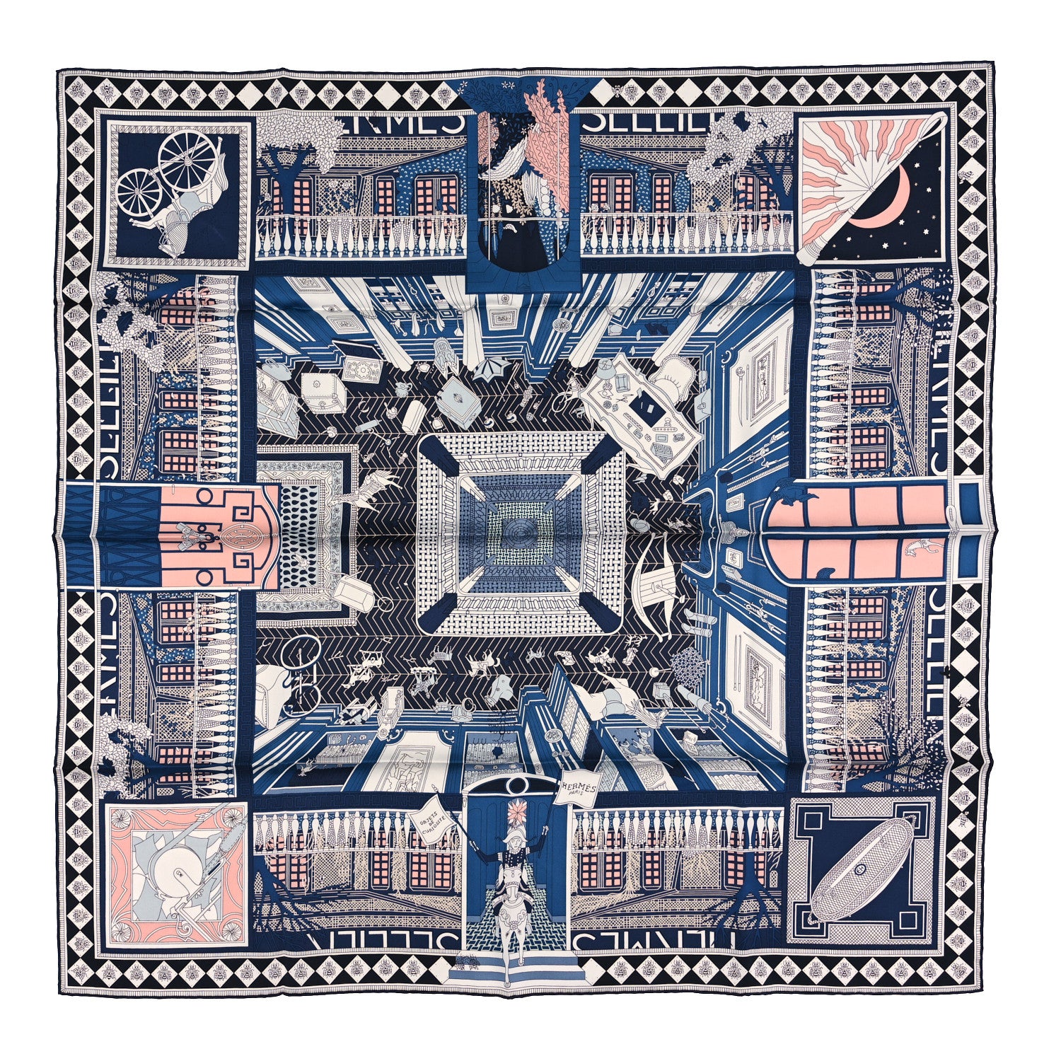 Hermes Silk Objets de Curiosite Scarf 90 Marine Rose Poudre 1 of 3