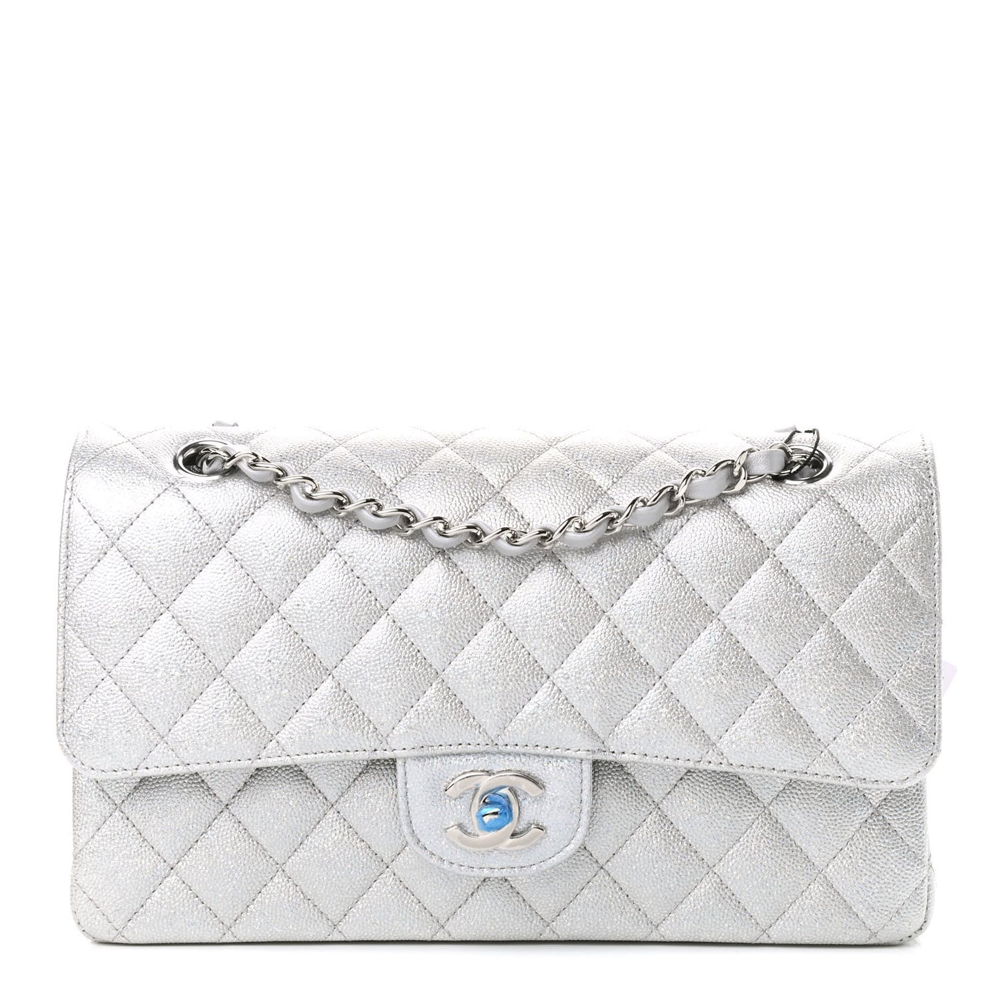 Glittered Metallic Caviar Quilted Medium Double Flap Silver