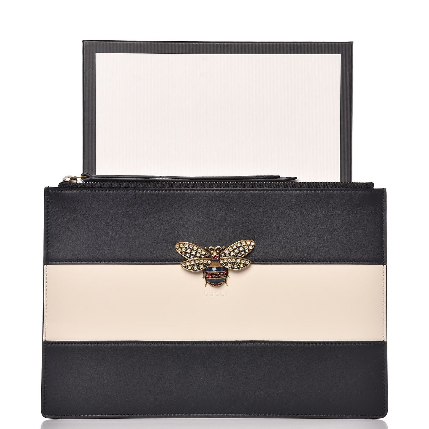 Calfskin Striped Oversized Bee Zip Pouch White Black