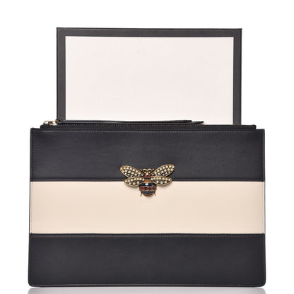 Gucci Calfskin Striped Oversized Bee Zip Pouch White Black 9 of 9