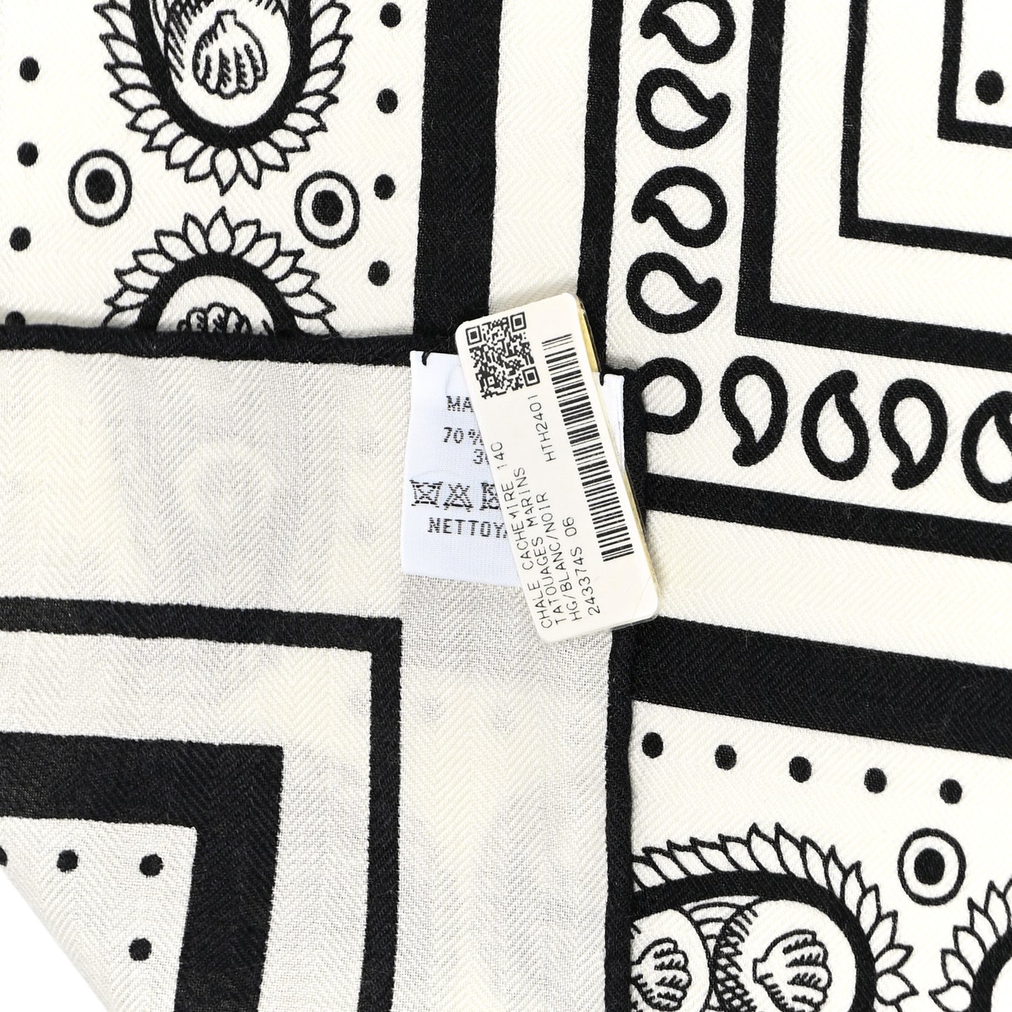 Cashmere Silk Tatouages Marins Bandana Shawl 140 White Black