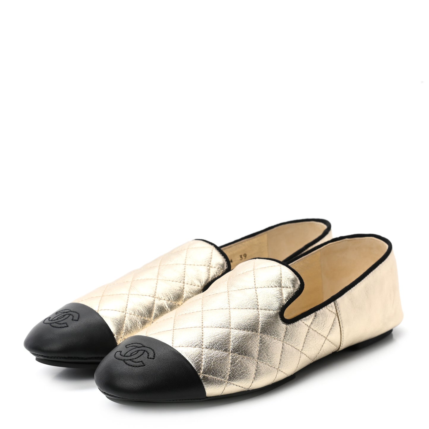 Laminated Lambskin Quilted CC Cap Toe Slipper With Pouch 39 Gold Black