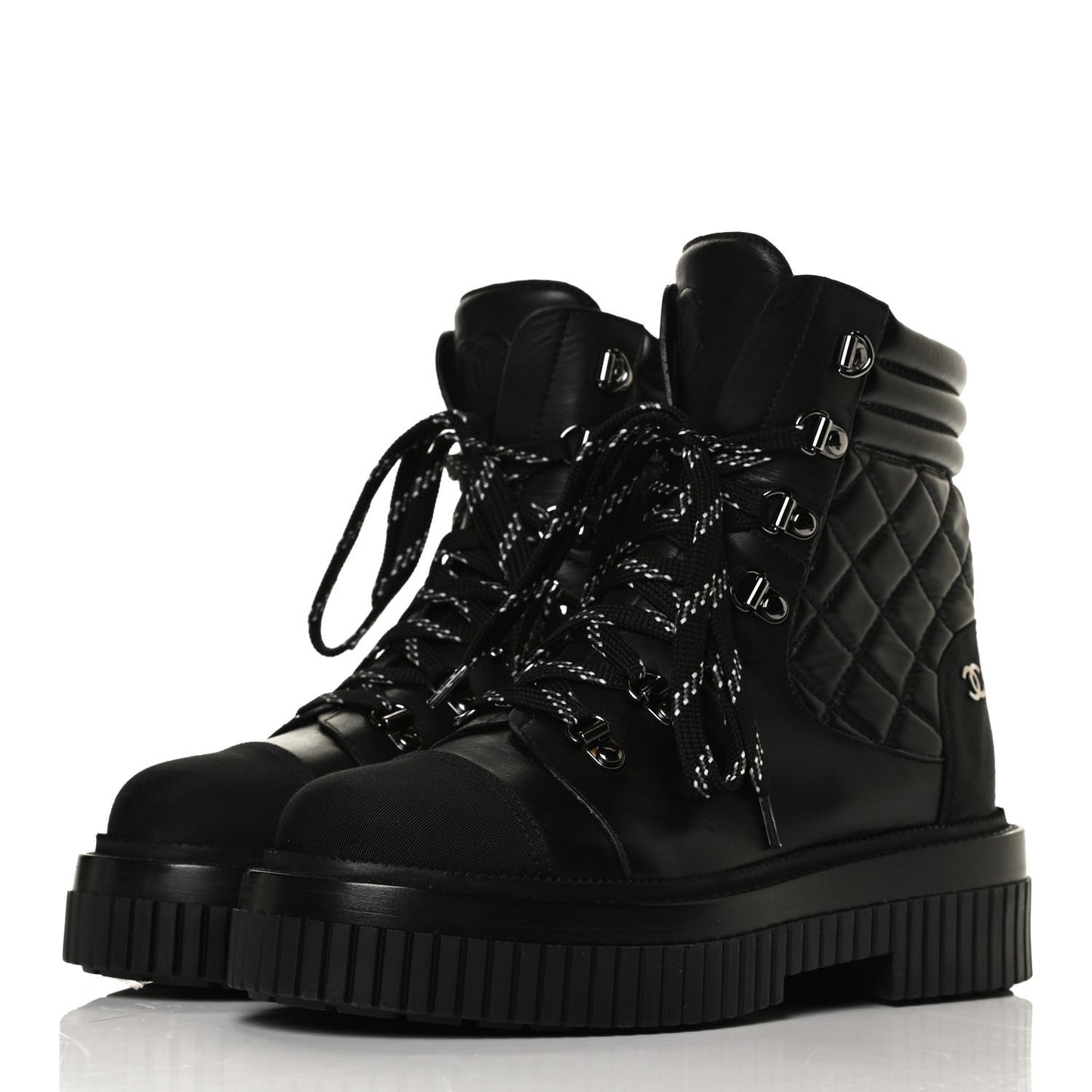 Calfskin Grosgrain Quilted Lace Up Boots 36.5 Black Grey
