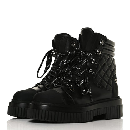 Chanel Calfskin Grosgrain Quilted Lace Up Boots 36.5 Black Grey 3 of 10