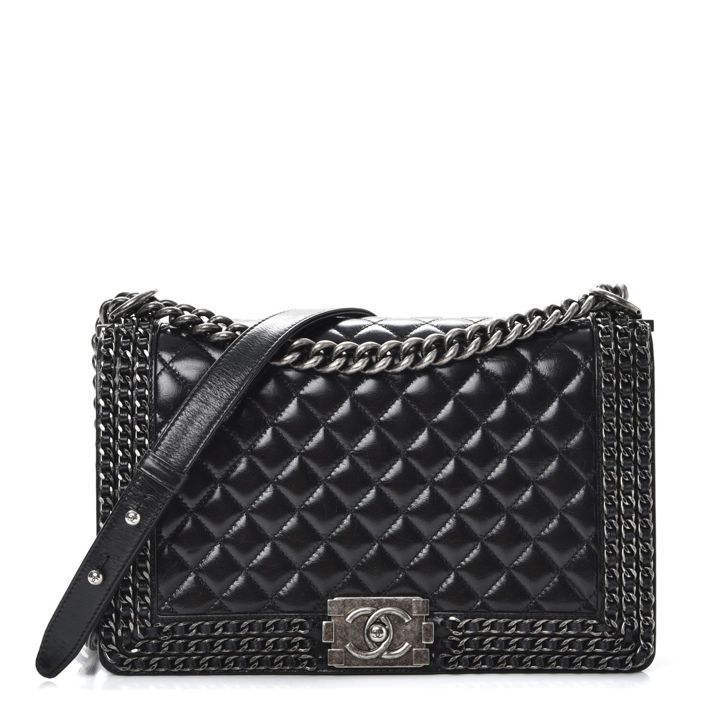 Glazed Calfskin Quilted New Medium Boy Chained Flap Black
