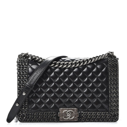 Chanel Glazed Calfskin Quilted New Medium Boy Chained Flap Black 1 of 10