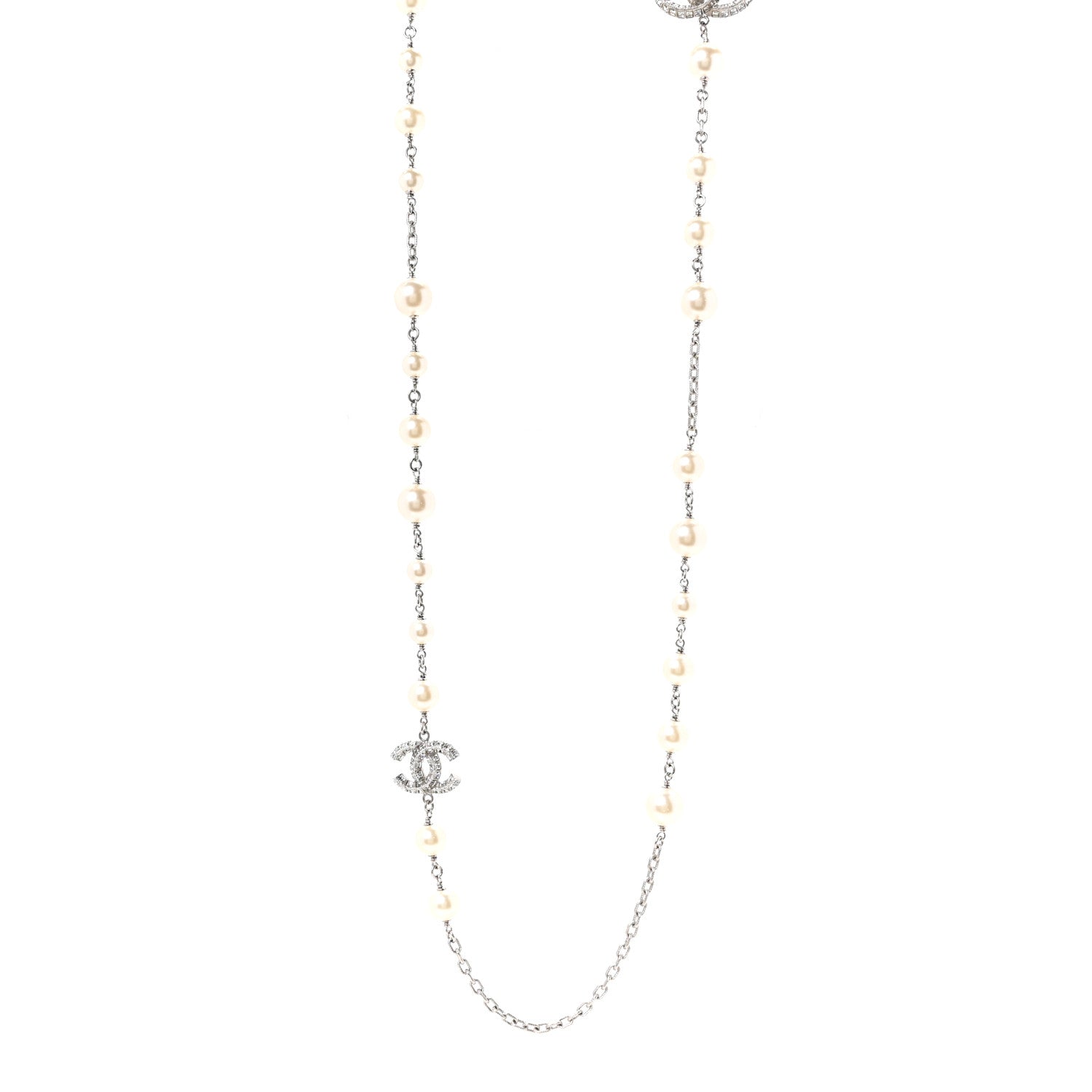 Chanel Graduated Pearl Crystal CC Long Necklace Silver 1 of 5