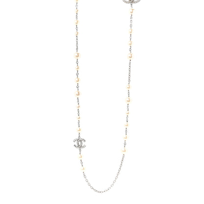Chanel Graduated Pearl Crystal CC Long Necklace Silver 1 of 5