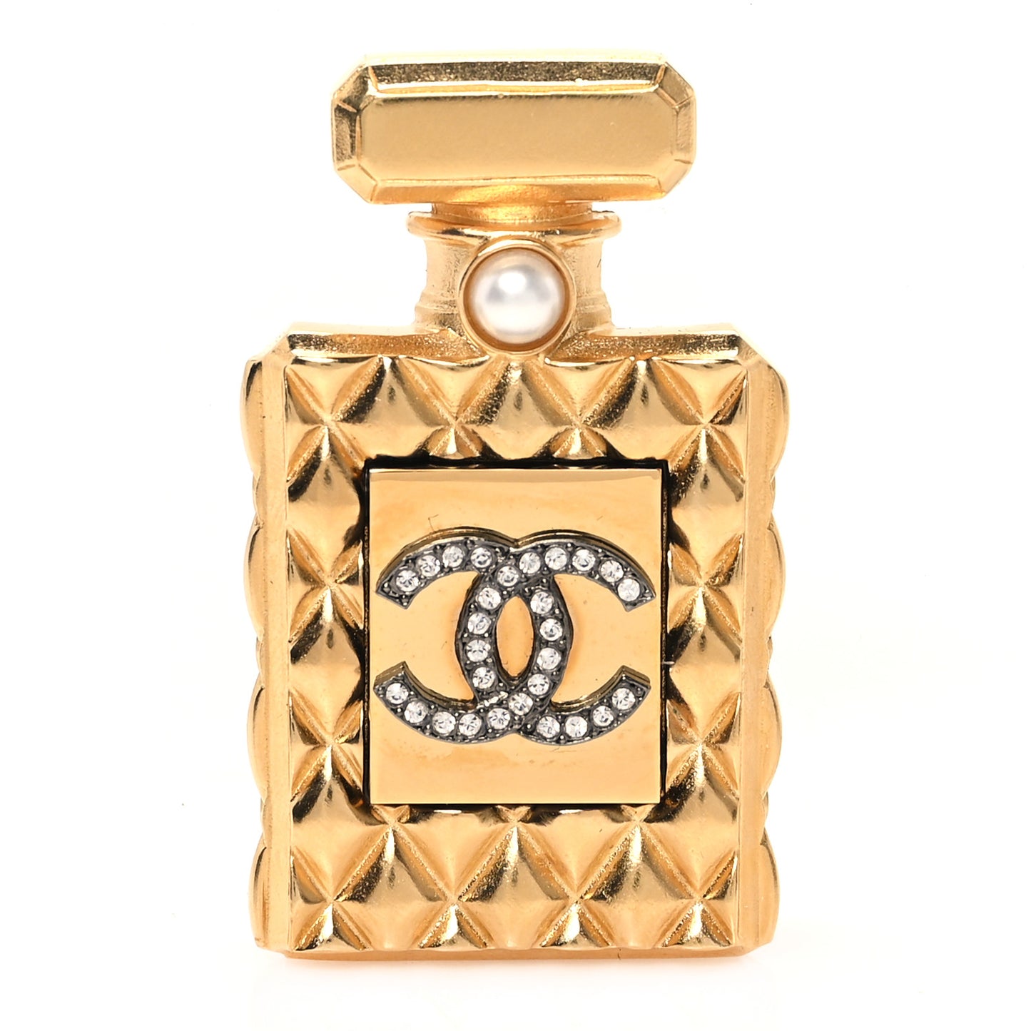 Enamel Pearl Quilted Perfume Bottle CC Brooch Gold
