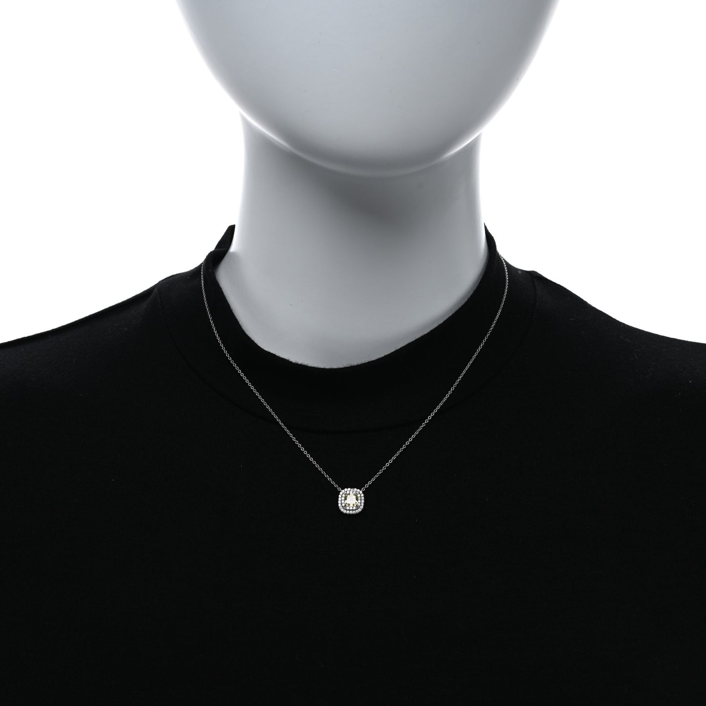 Platinum 18K Yellow Gold Diamond Yellow Diamond .66ct Soleste Cushion Cut Halo Pendant Necklace