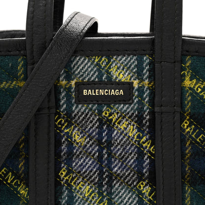 Balenciaga Wool Cuir Arena Plaid Diagonal Allover Logo Matelasse XXS Bazar Shopper Tote Green Blue Yellow 8 of 16