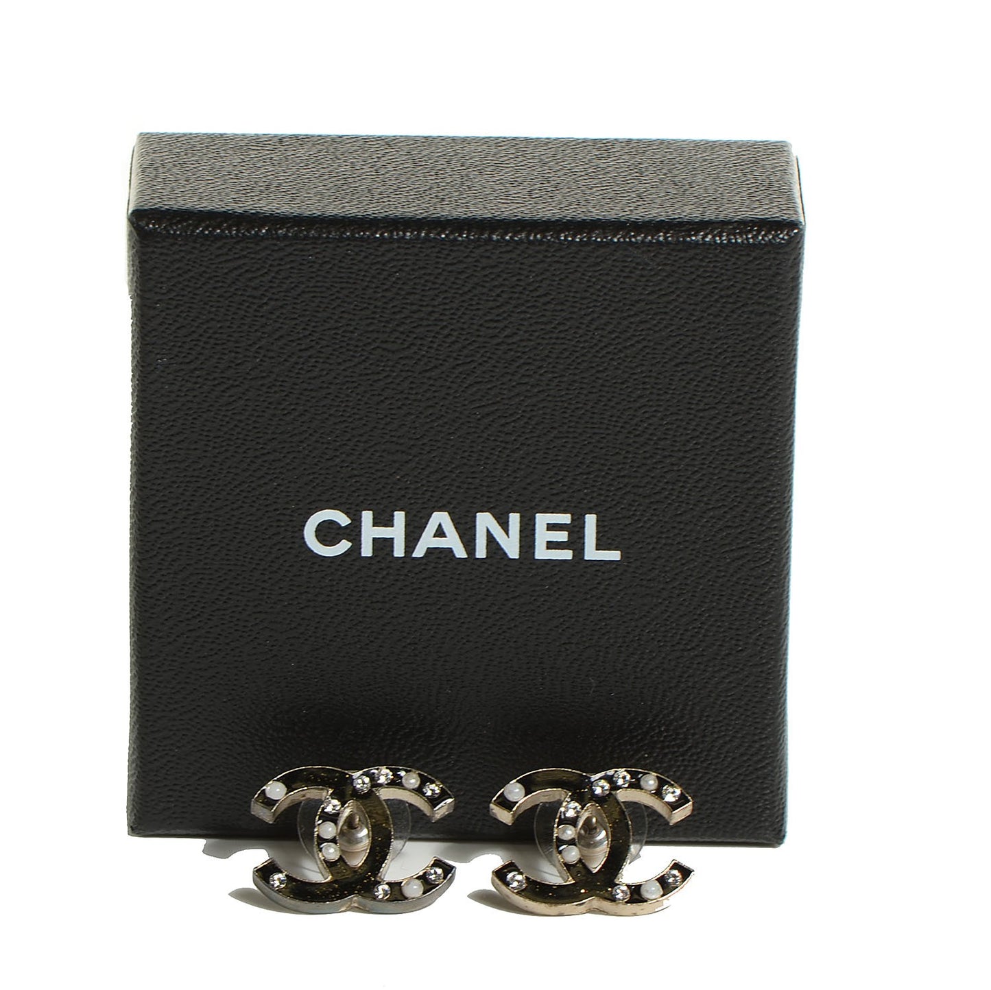 Glitter Enamel Pearl Crystal CC Earrings Black