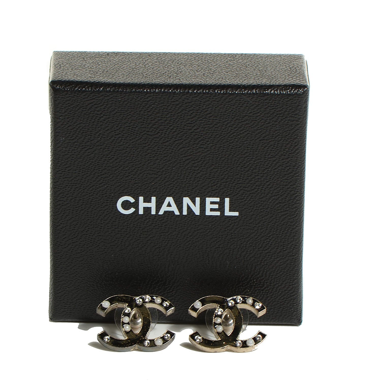 Chanel Glitter Enamel Pearl Crystal CC Earrings Black 5 of 5