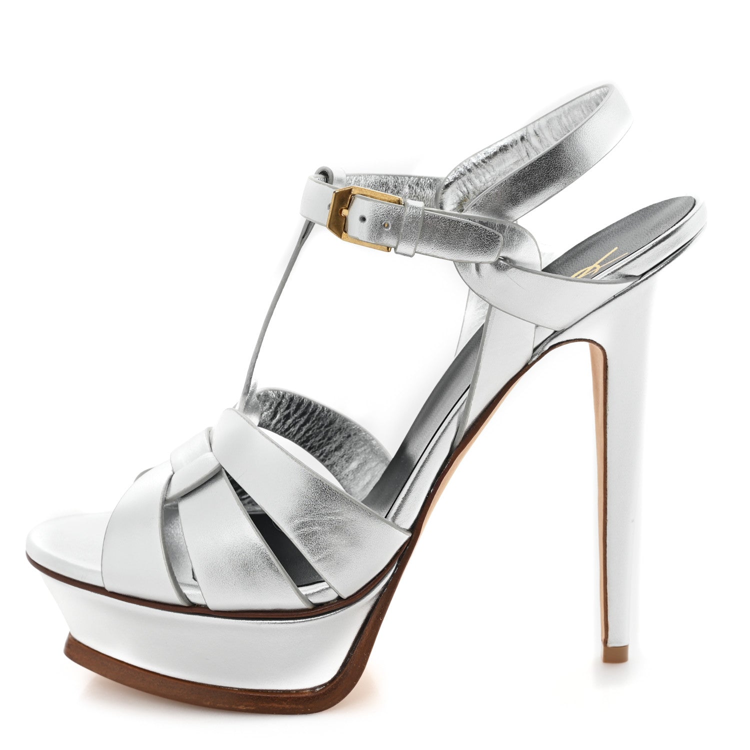 Saint Laurent Metallic Calfskin Tribute 105 Platform Sandals 39.5 Silver 1 of 11