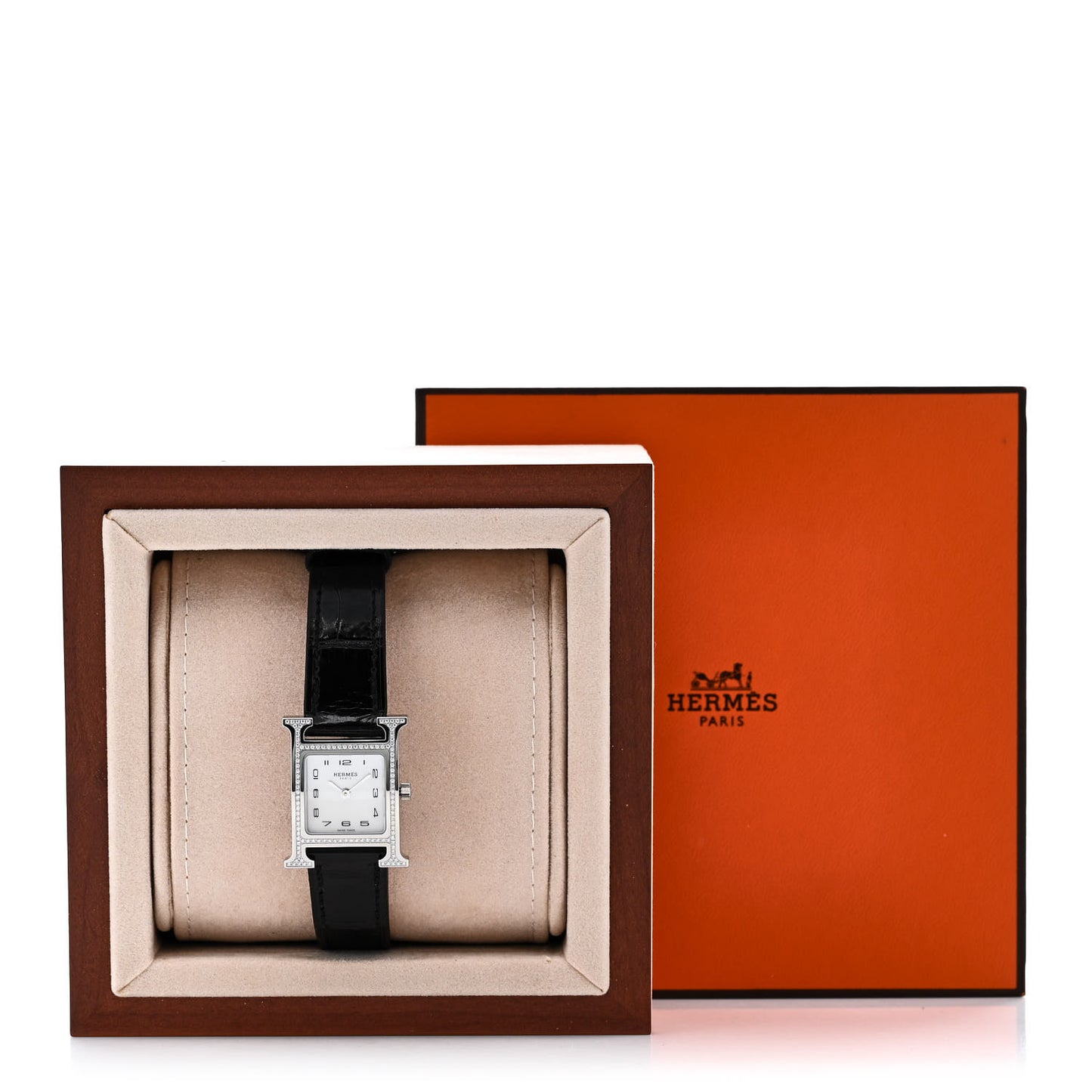 Stainless Steel Alligator Diamond Bezel Mother of Pearl 21mm Heure H Hour Quartz Watch Noir