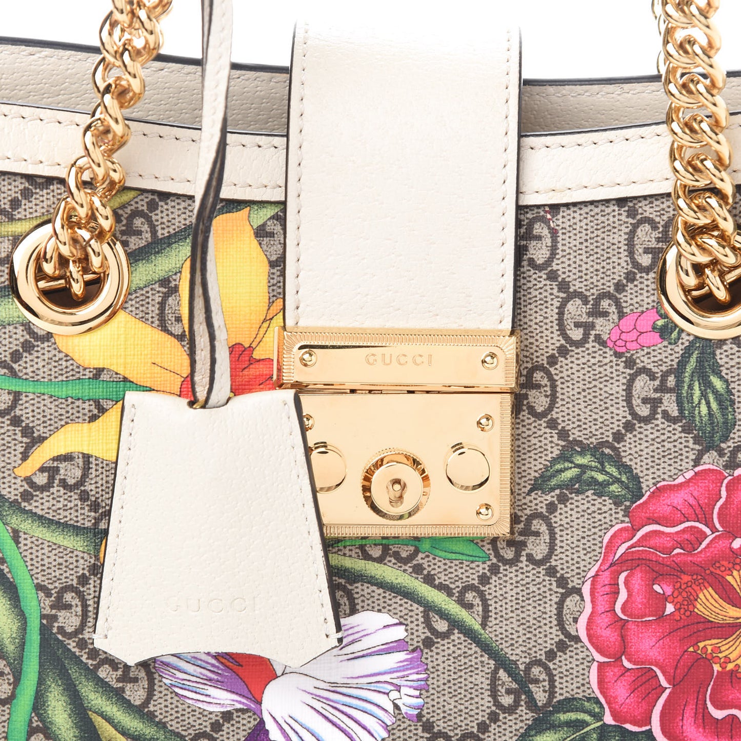 GG Supreme Monogram Flora Textured Calfskin Small Padlock Tote Beige Ebony Multicolor Mystic White