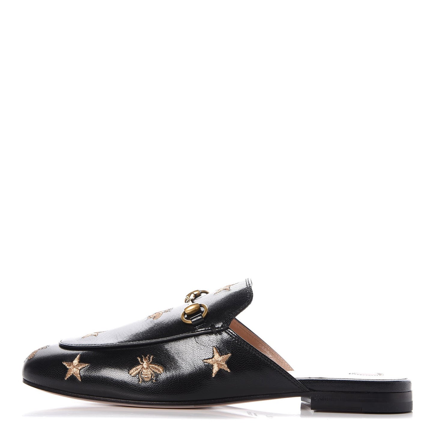Goatskin Bee Star Embroidered Womens Princetown Slippers 38.5 Black