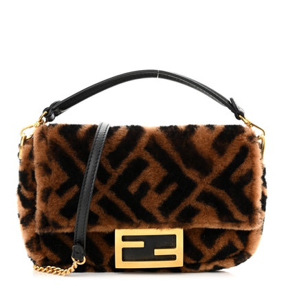 Fendi Shearling Vitello Dolce Macro FF 1974 Mini Baguette Tobacco Black 1 of 11
