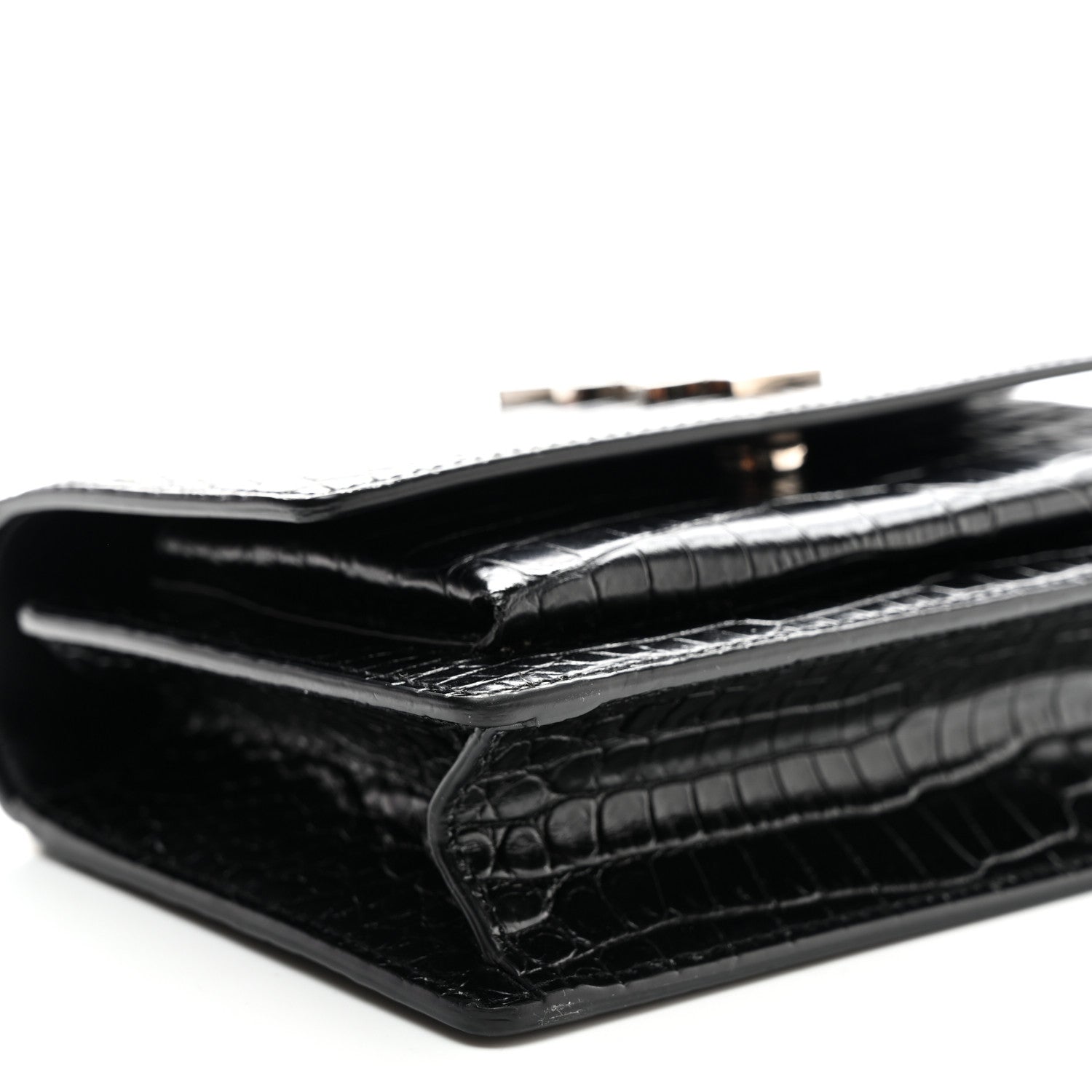 Saint Laurent Calfskin Crocodile Embossed Monogram Sunset Chain Wallet Black 7 of 9
