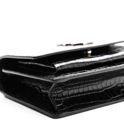 Saint Laurent Calfskin Crocodile Embossed Monogram Sunset Chain Wallet Black 7 of 9