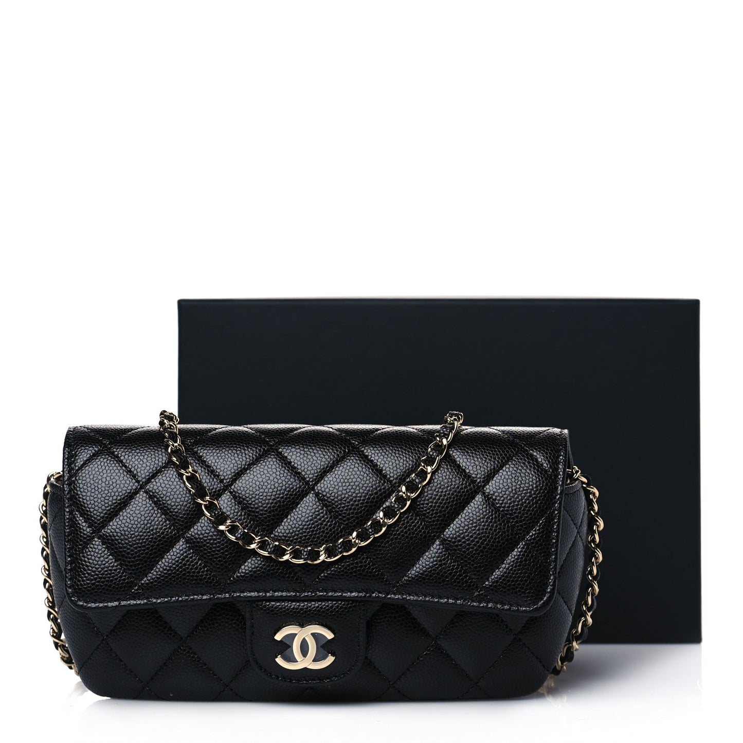 Caviar Quilted Glasses Case With Chain Black